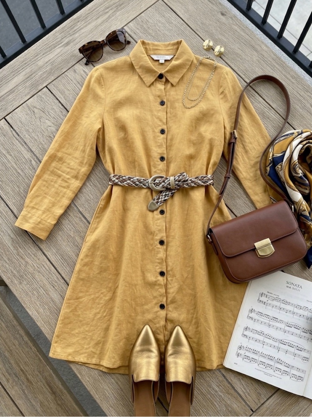 ZARA 100% Linen Mustard Yellow Midi Shirt Dress + FREE Braided Belt Sz M Coastal